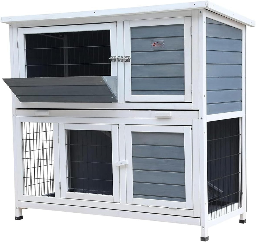 4ft Double Decker Rabbit Hutch Outdoor Wooden Guinea Pig Cage Ramp Trays