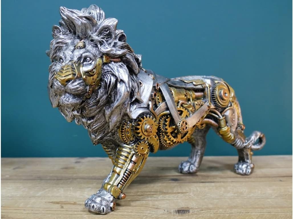Steampunk Lion Ornament Resin Figurine Gold Silver Cogs Detail Home Decor Gift