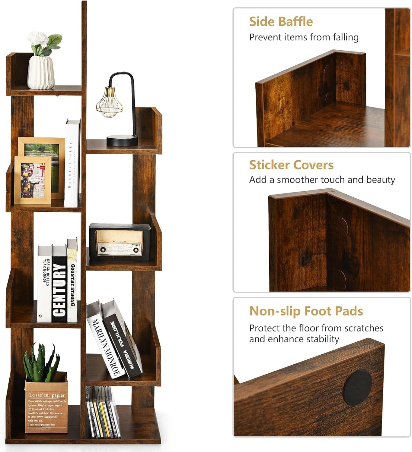 8-Tier Tree Bookshelf Free-Standing Storage Rack Modern Display Shelf Brown