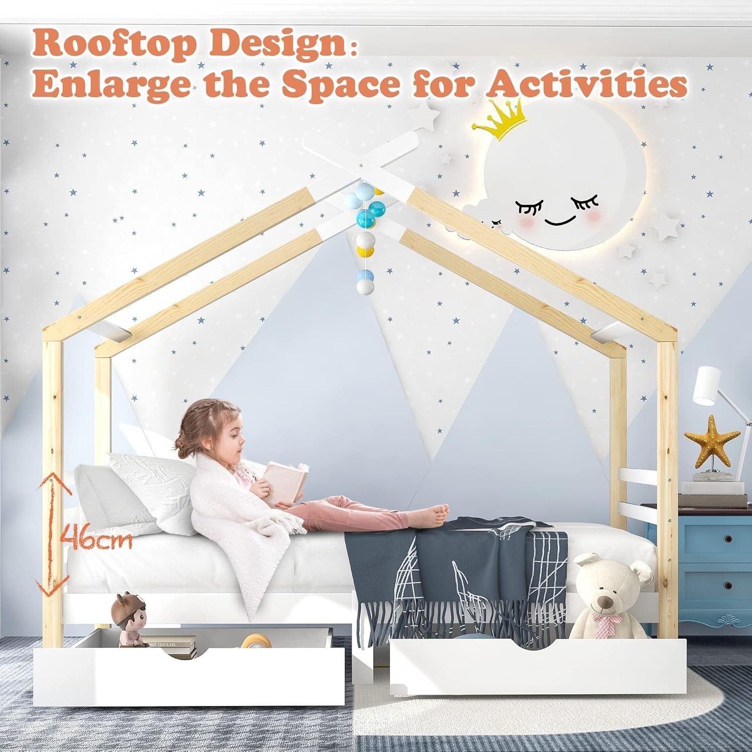 Kids 3FT Single Storage Bed with Safety Rails & Pine Wood House Frame