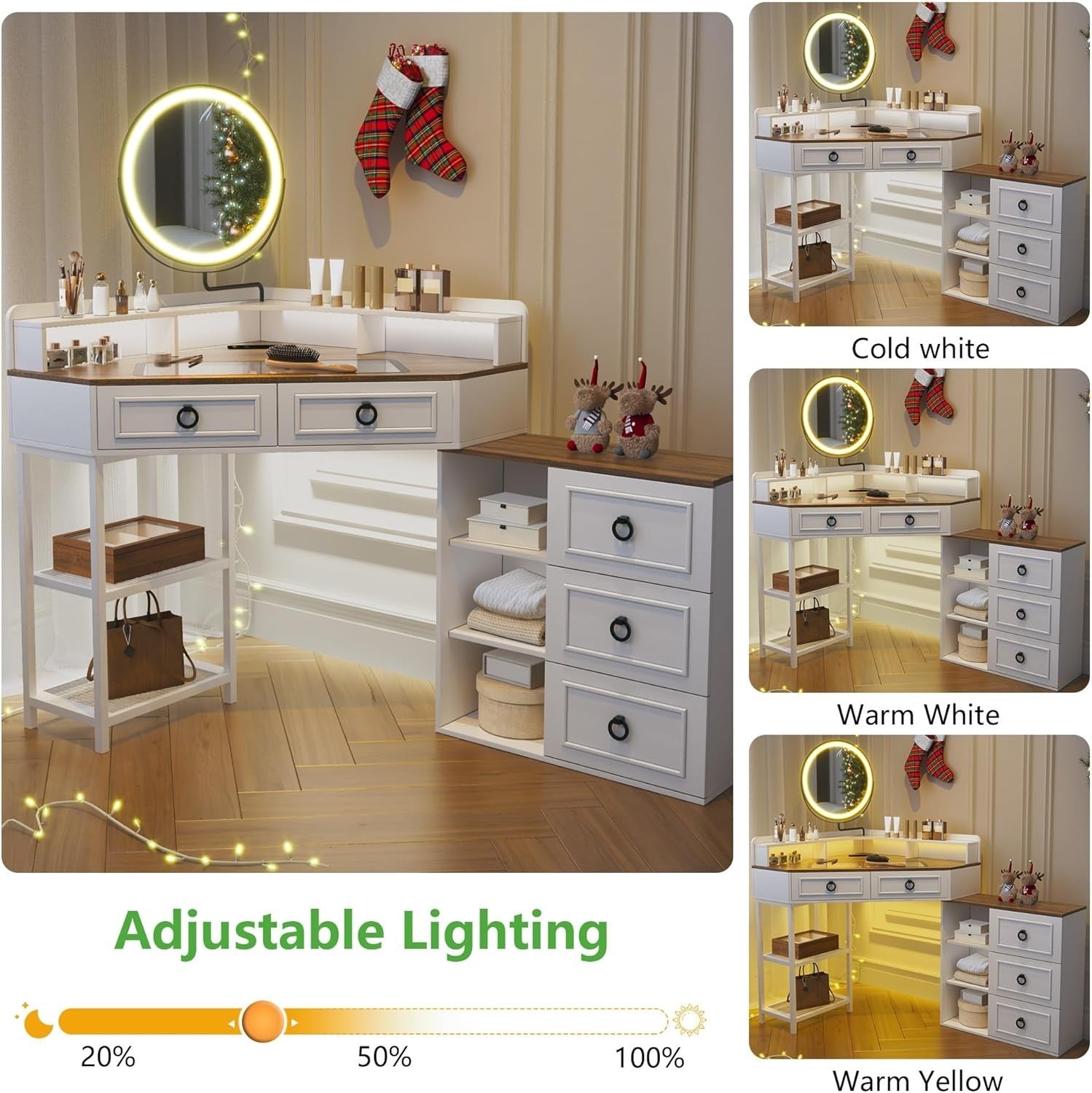 White Modern Dressing Table Makeup Vanity Desk w/ LED Mirror & Charging Station