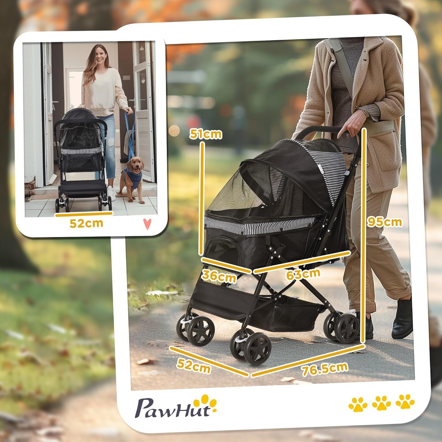 Foldable Dog Stroller Pushchair for Small Dogs 4 Wheels Canopy Brake