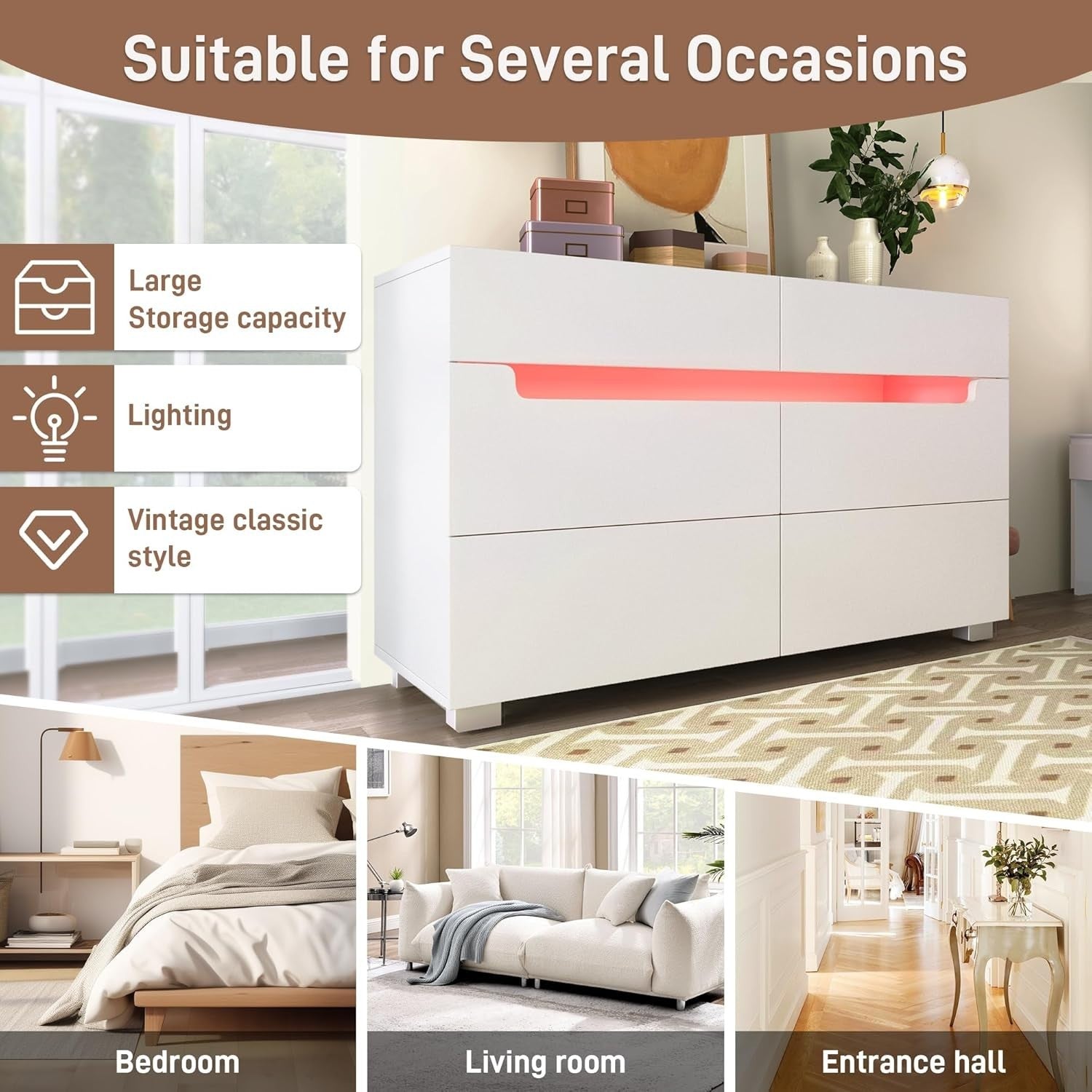 Modern White Sideboard Cabinet 6 Drawers RGB LED Storage Dresser Floor Mount