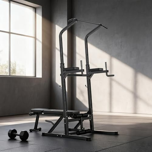 Black Multi-Function Pull Up Tower Dip Station Adjustable Home Gym