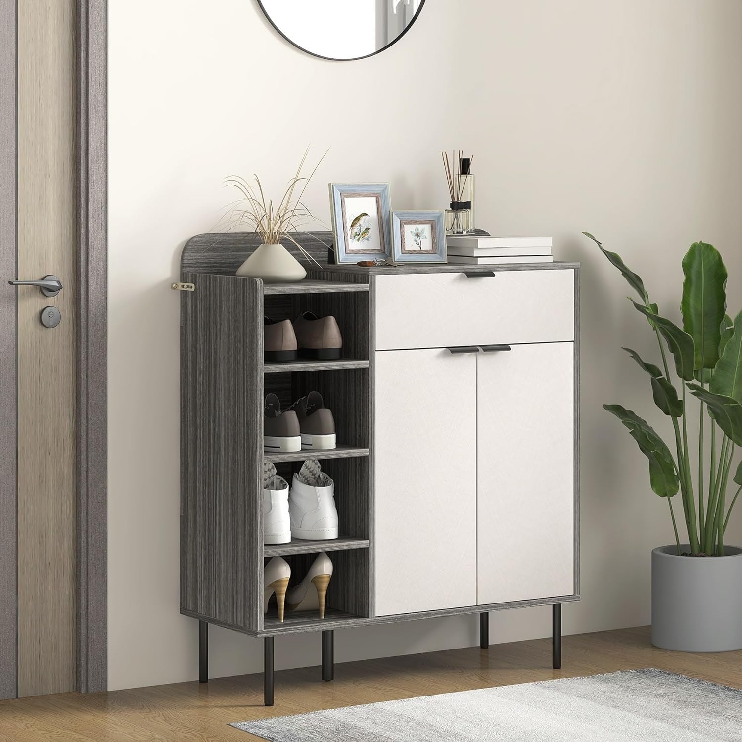 Narrow Shoe Storage Cabinet with 4-Tier Shelves & Sliding Drawer, 96cm