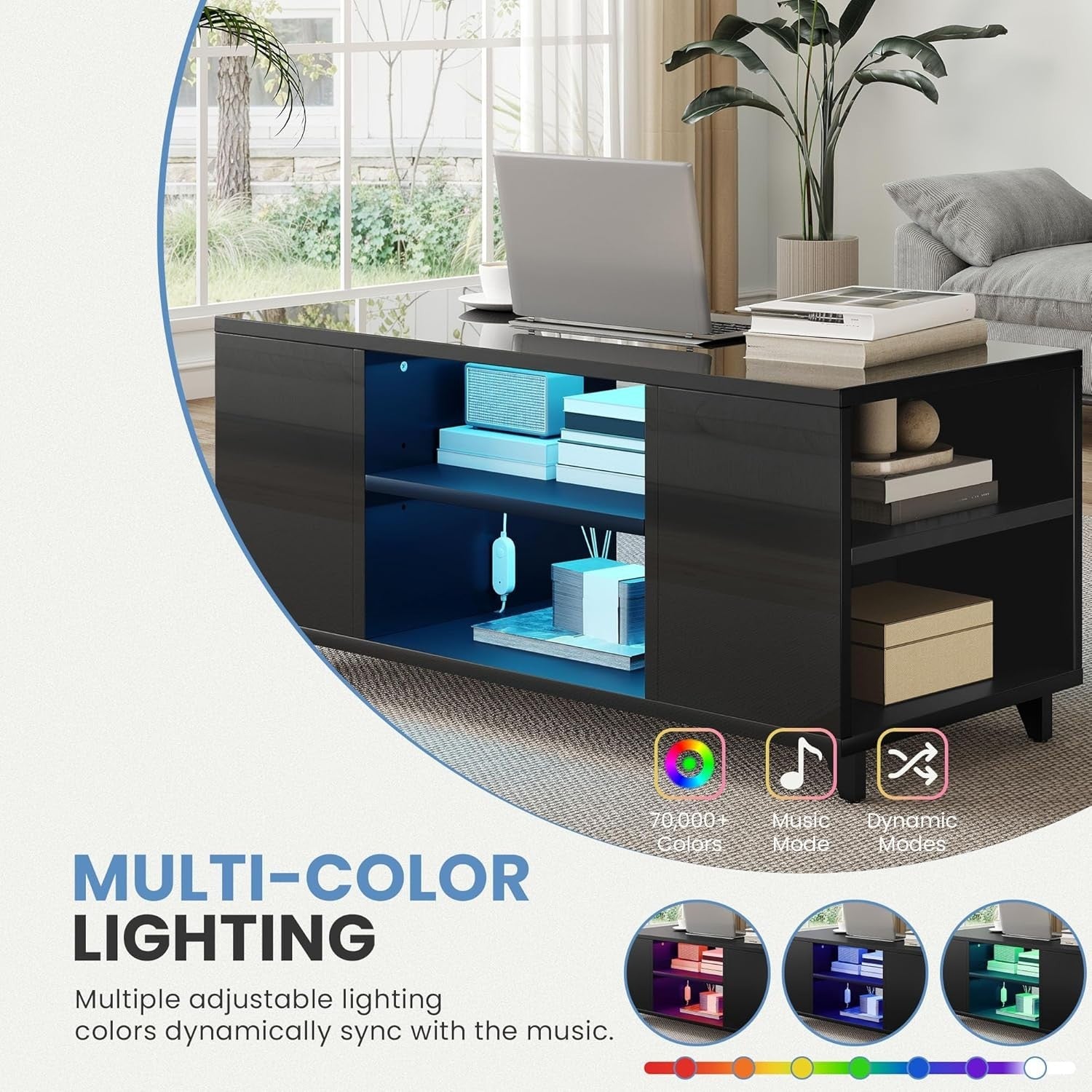 High Gloss Black Coffee Table with Storage & RGB LED Light, 97.5x48x45cm