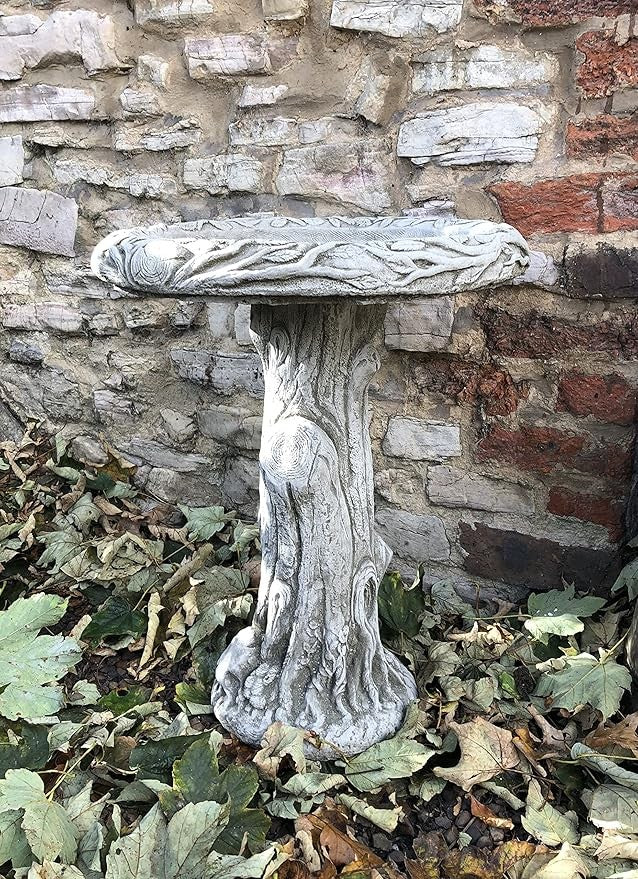 Solid Concrete Bird Bath – Tree Stump Base Heavy Garden Ornament Outdoor Feeder