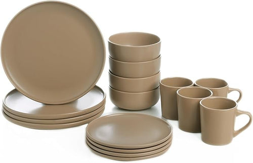 16 Piece Stoneware Dinner Set for 4 Plates Bowls Mugs Brown