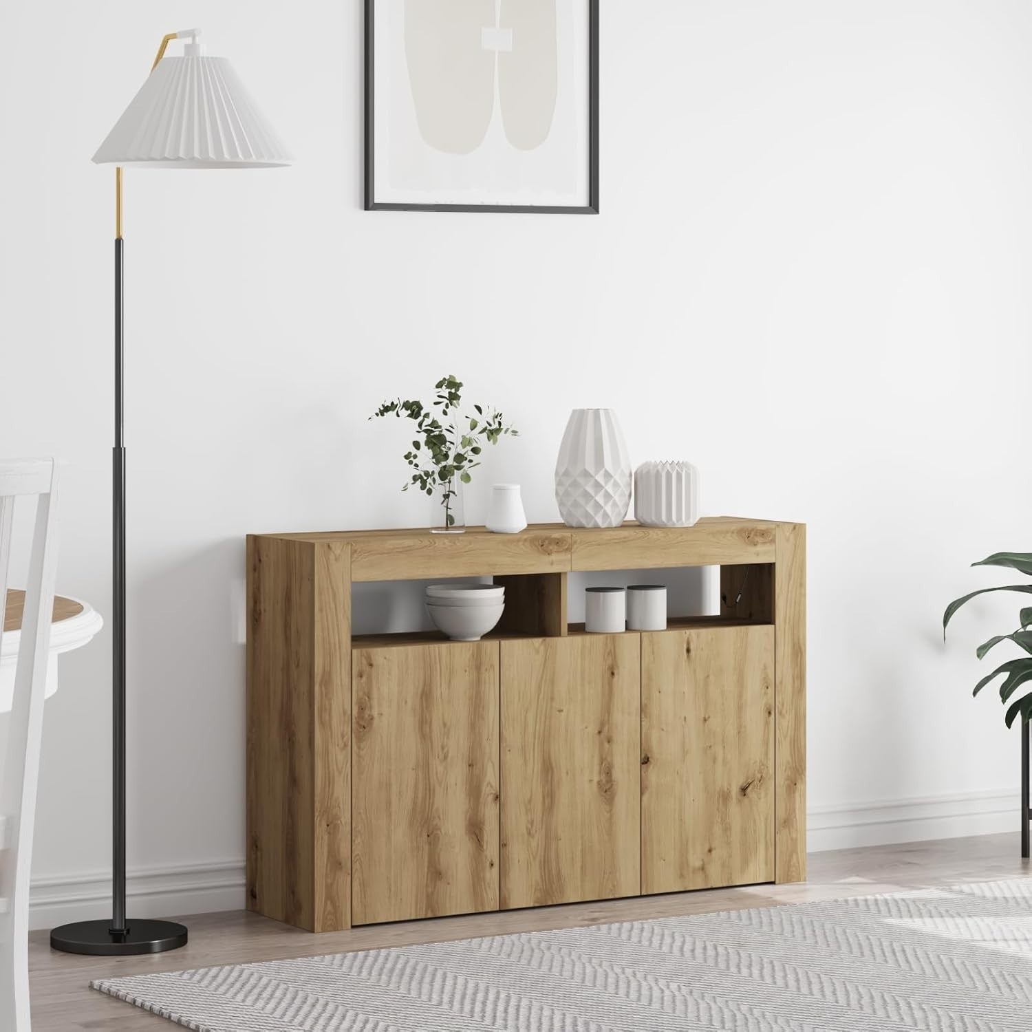 Oak Sideboard with LED Lighting, Engineered Wood Storage Cabinet for Living Room
