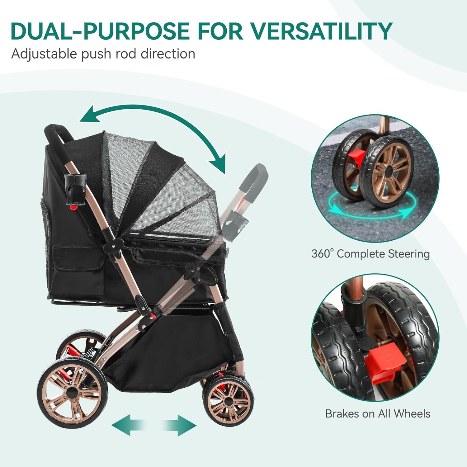 Dog Stroller with Reversible Handle Foldable Pet Pushchair 4 Wheel