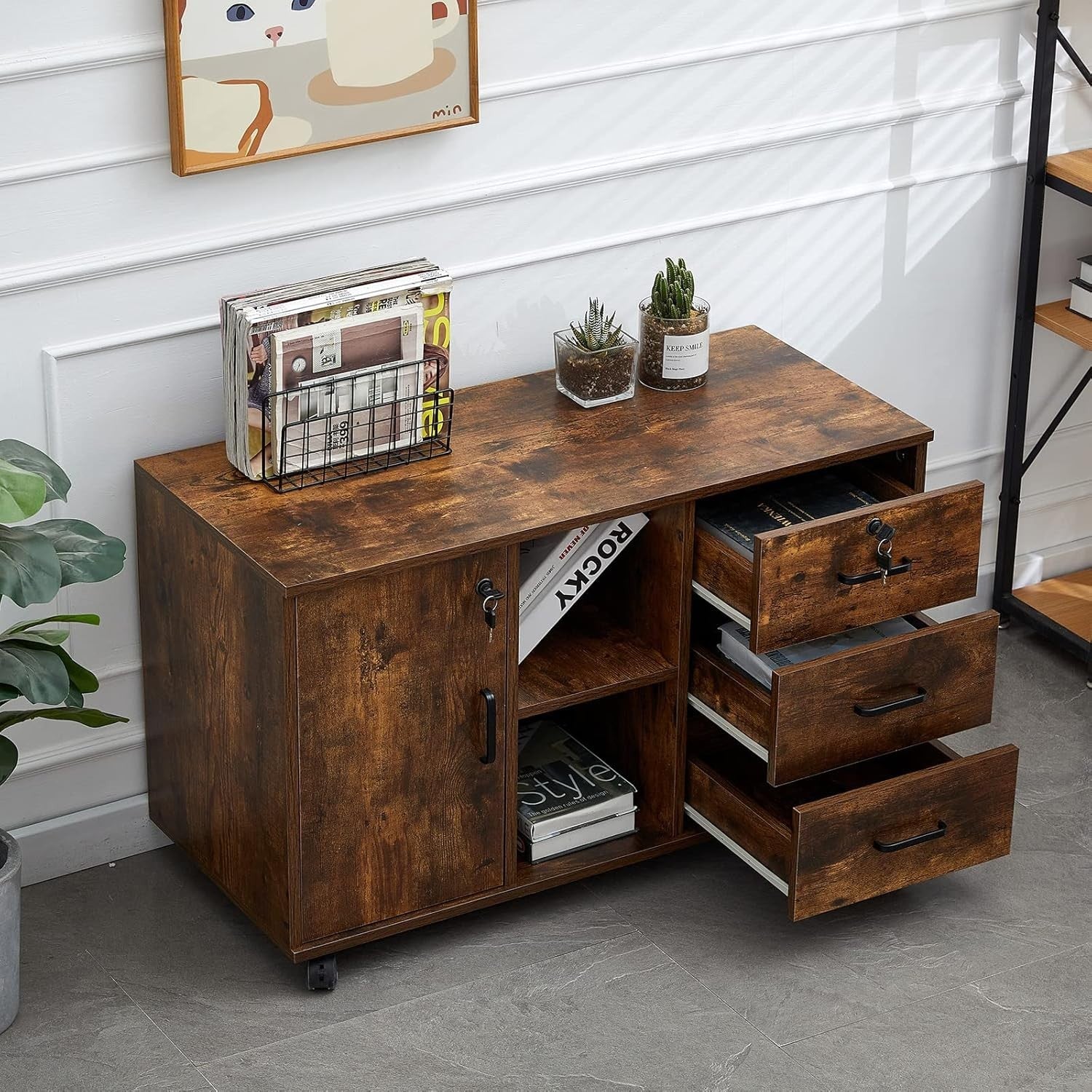Rustic Brown Locking Rolling File Cabinet 3 Drawer Large Printer Stand