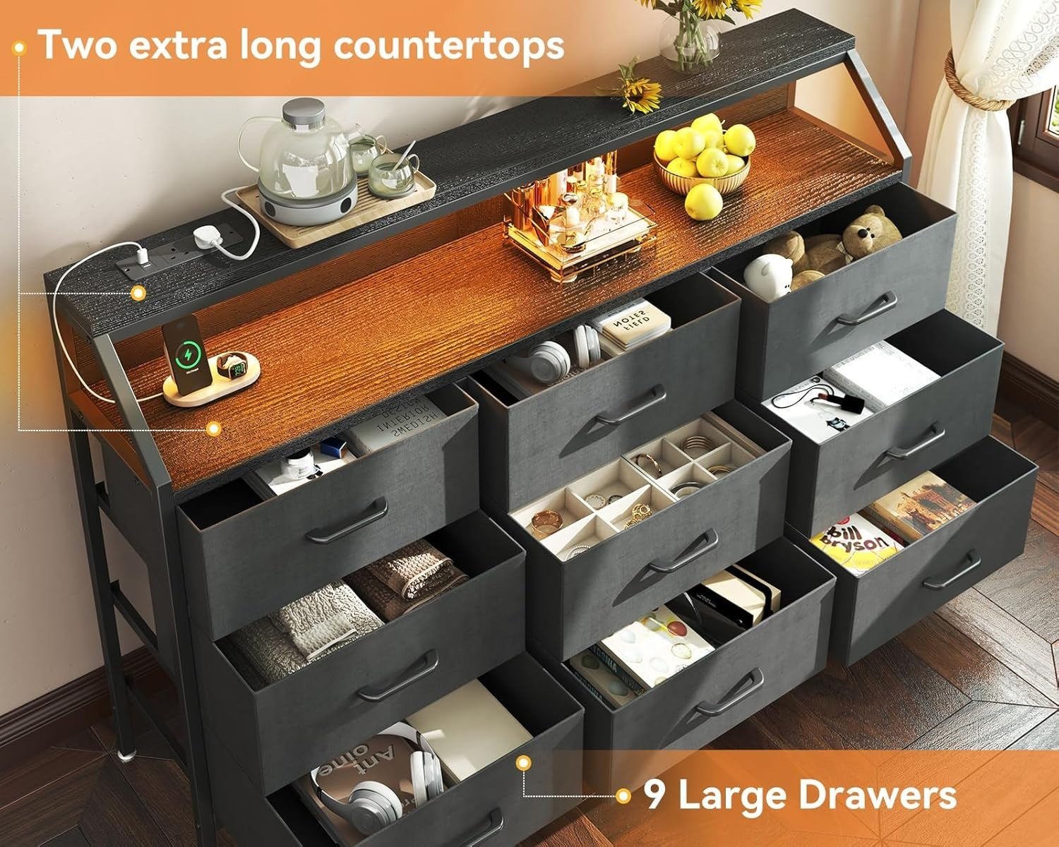 Modern Black Chest of Drawers 9 Fabric Drawers USB Ports LED Light Strip