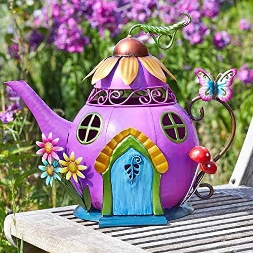 Teapot Fairy House Garden Ornament Metal Hand-Painted Weatherproof 28cm Decor