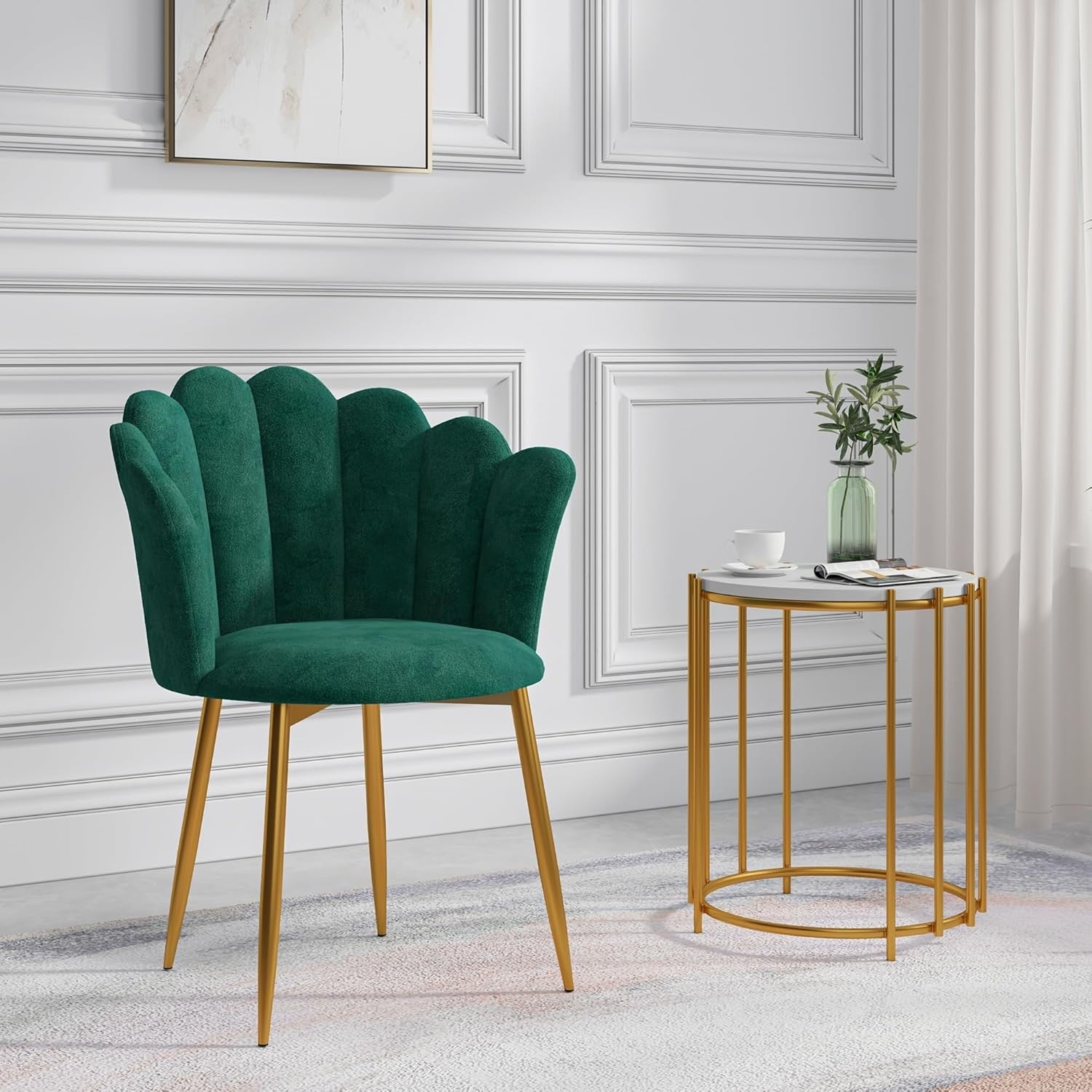Velvet Vanity Chair Scallop Shell Back Gold Metal Legs Green