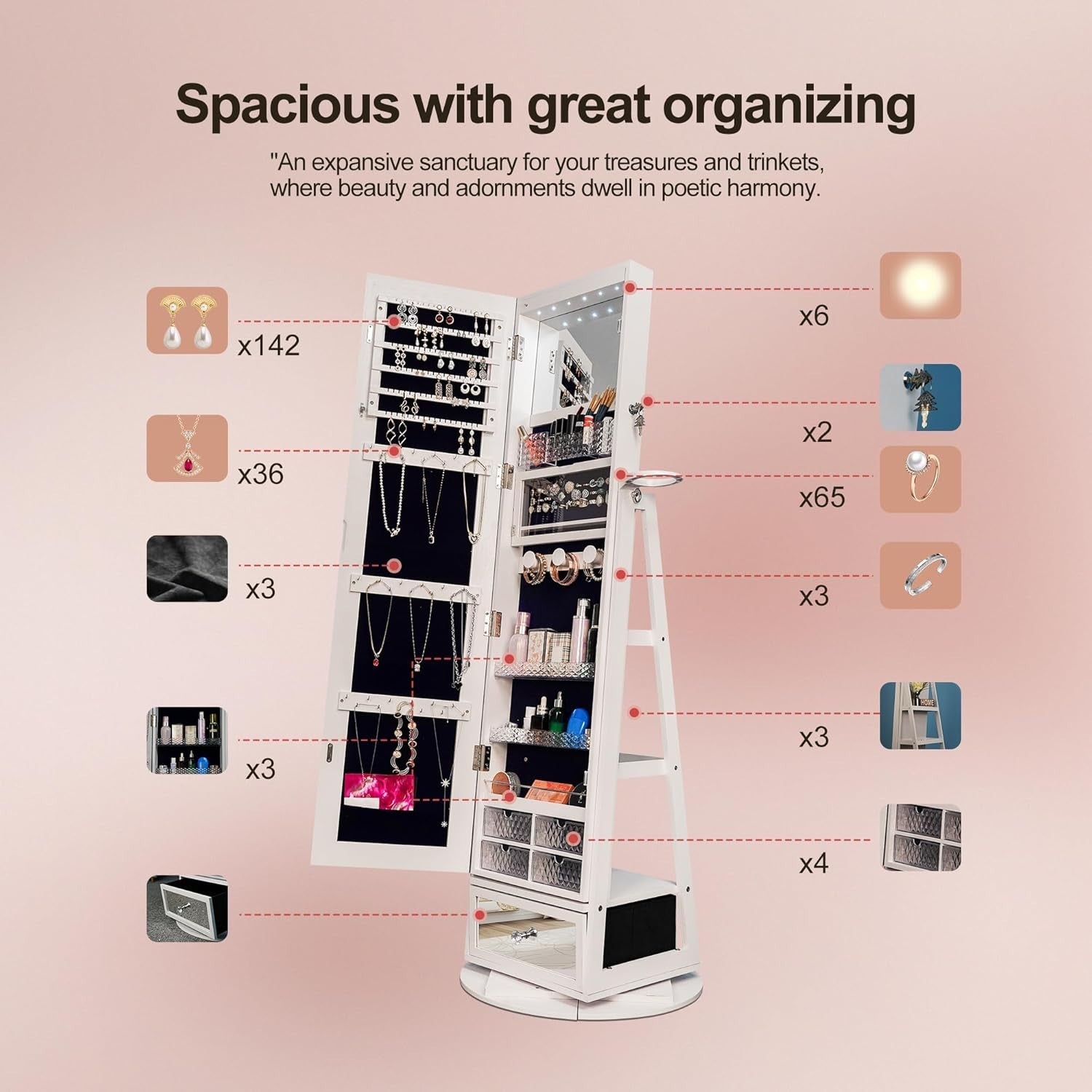 Lockable Full Length Mirror Jewellery Cabinet LED Storage 360° Rotating