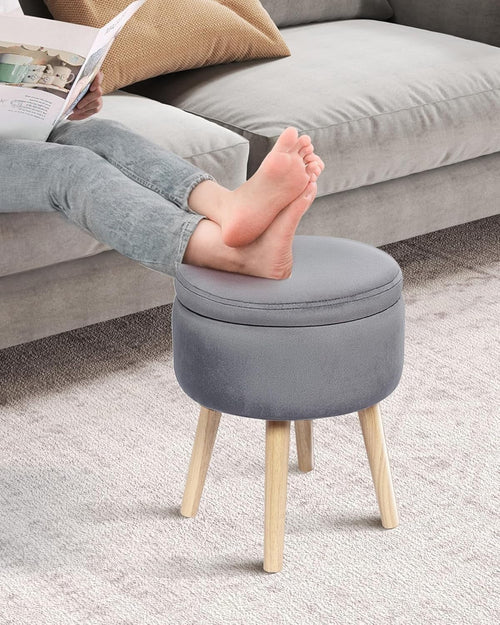 Grey Velvet Storage Ottoman Stool Round Footrest Coffee-Table Top Seat