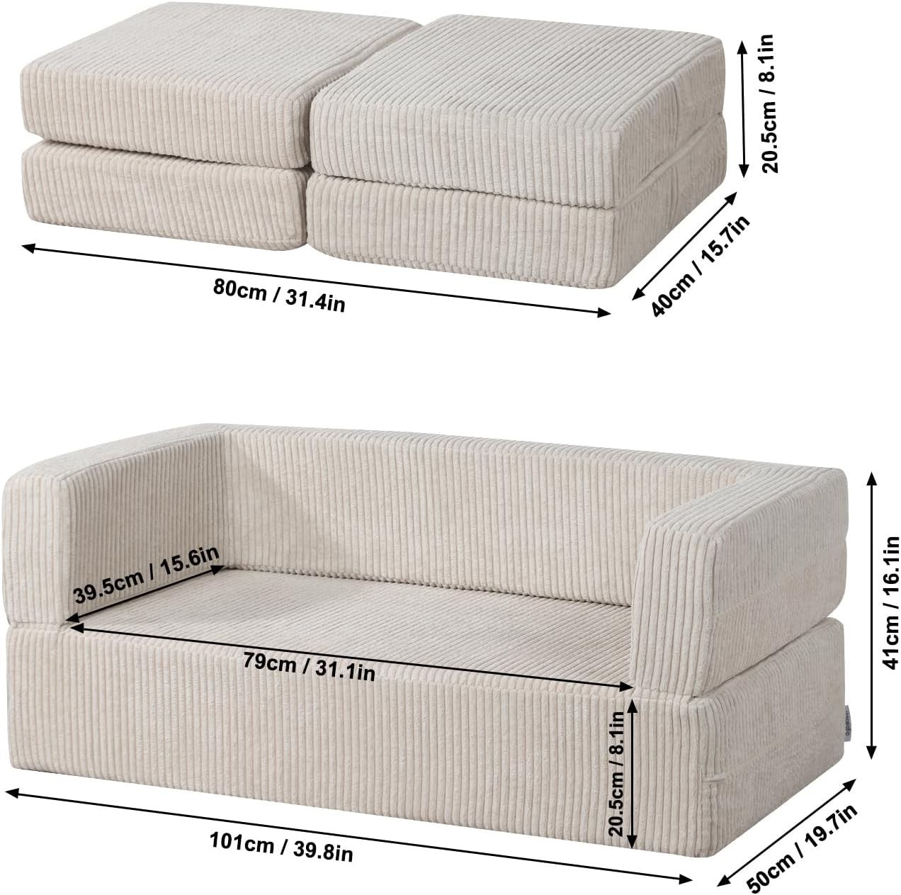 Ultra-Soft Kids Sofa Bed with Cushions, 2-Seater Foam Sofa for Toddlers Beige