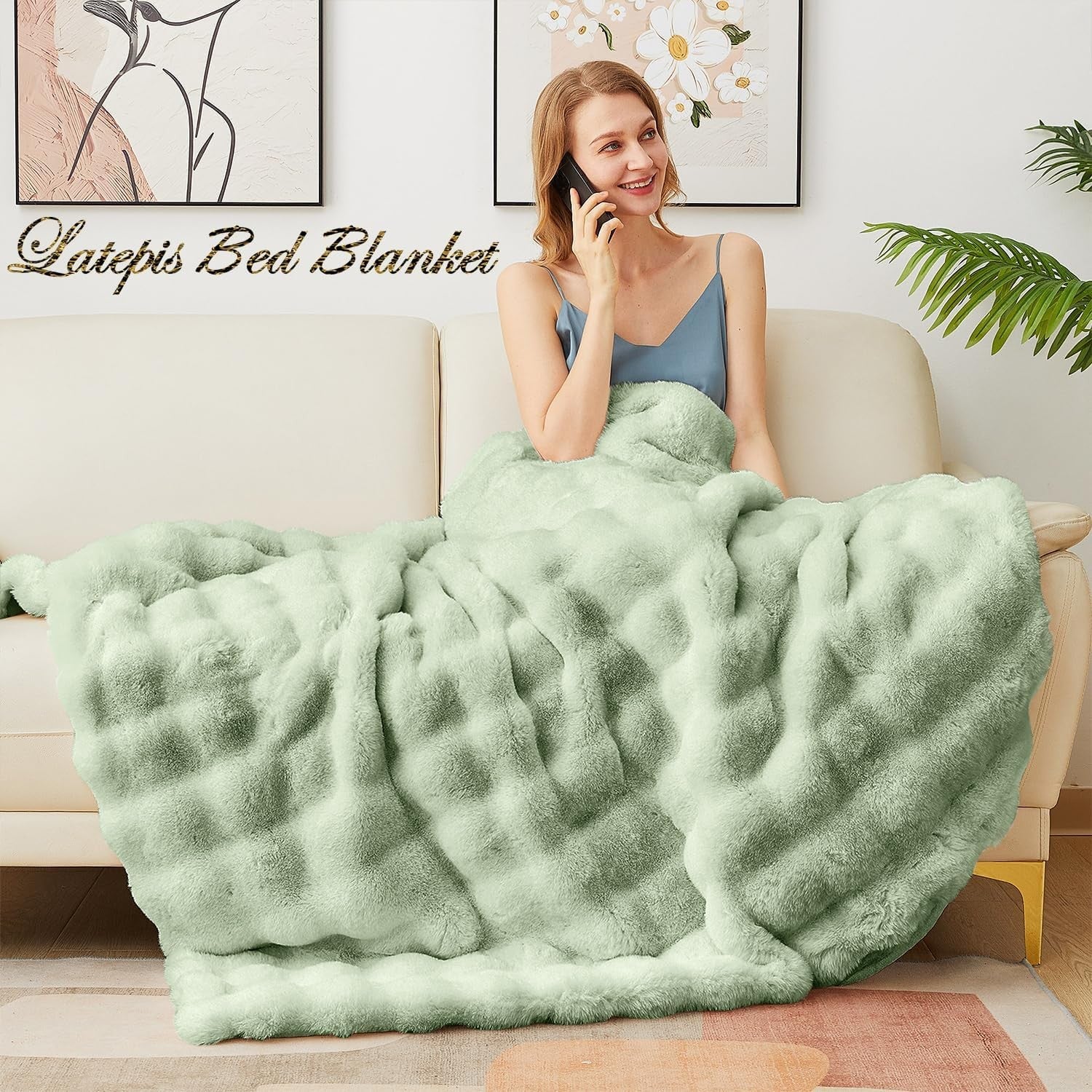 Luxury Sage Green Faux Fur Bubble Blanket Twin 152x203cm Super Soft Warm