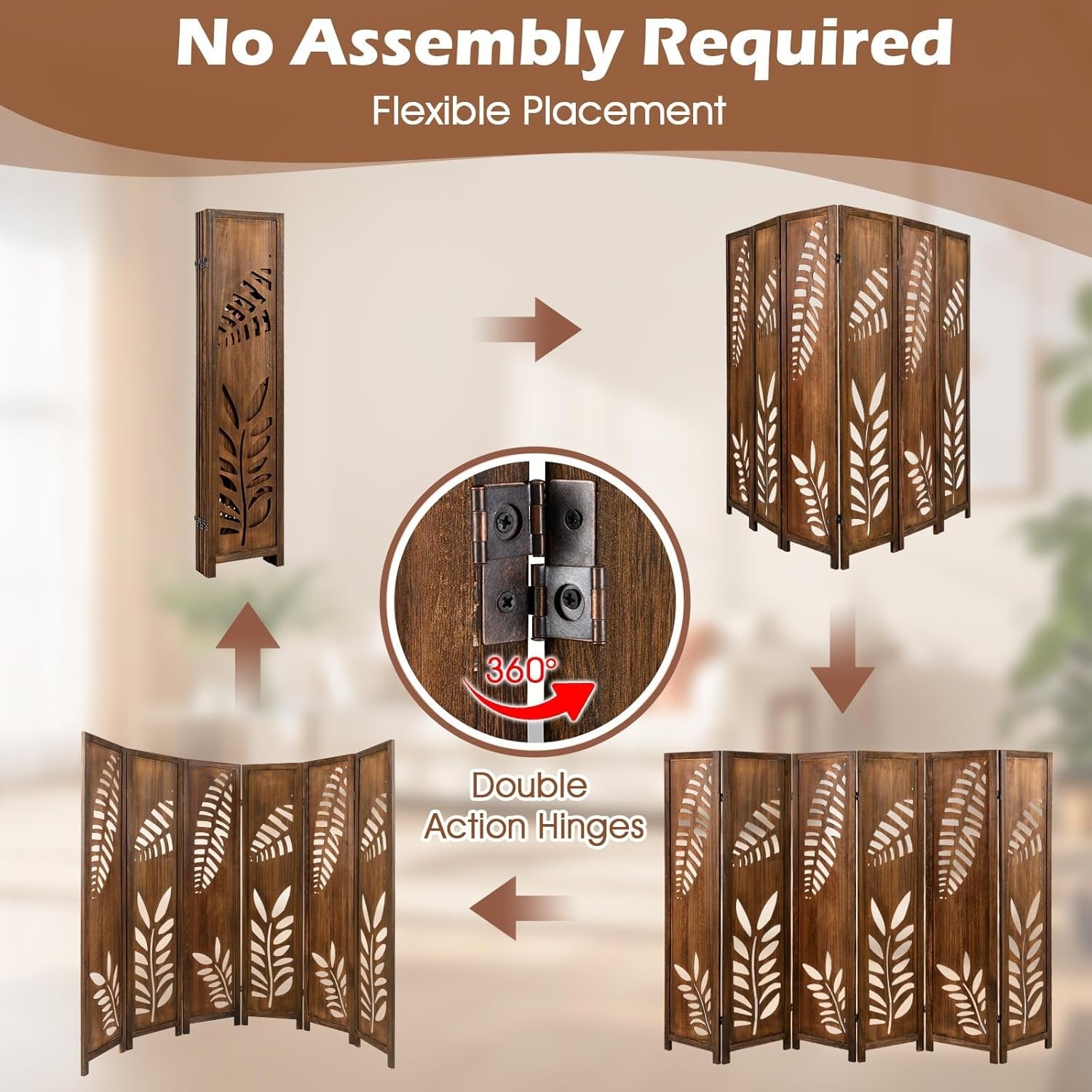 6 Panel Brown Carved Wood Room Divider Leaf Design Folding Privacy Screen