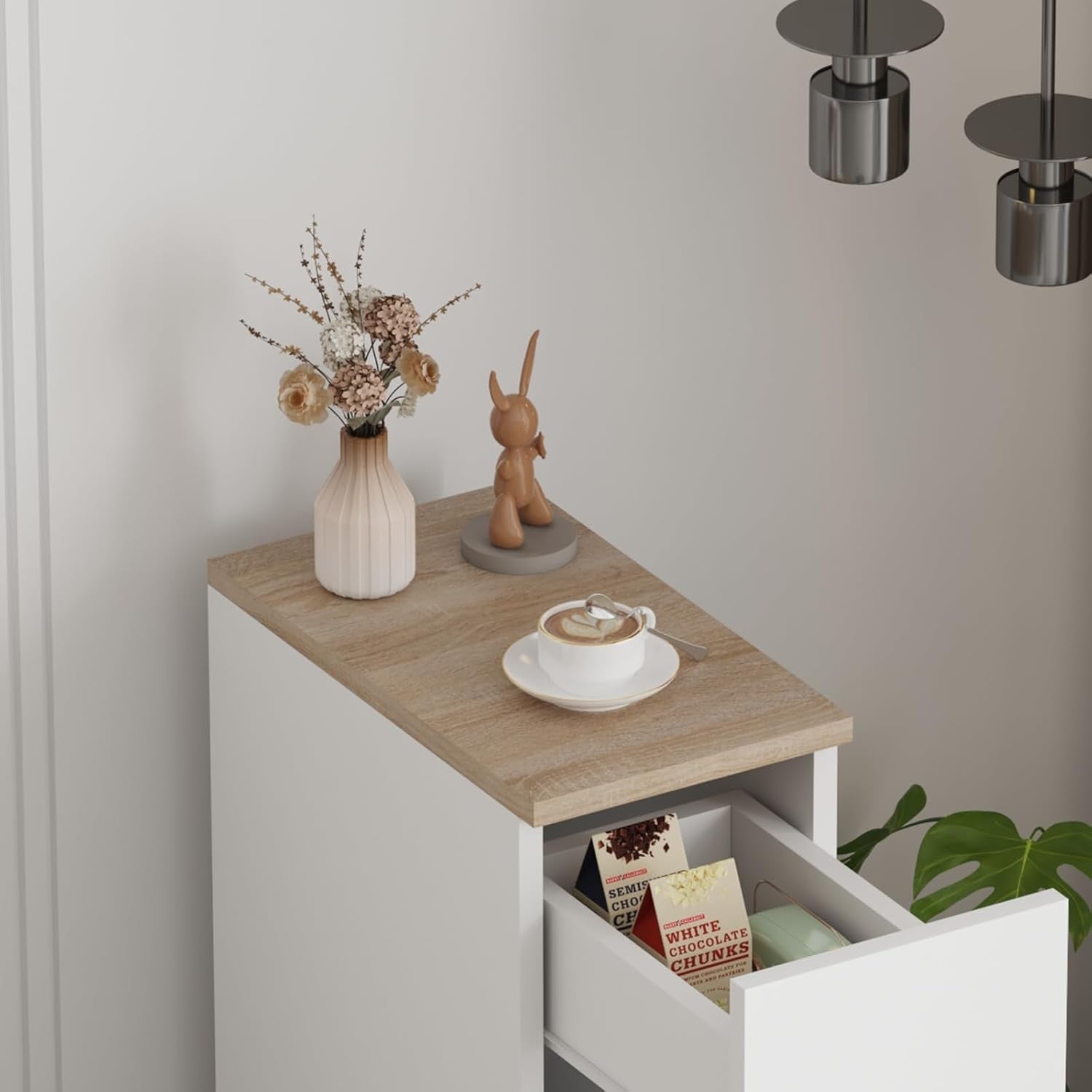 Slim White Bedside Table with Drawer & Shelf, Narrow Nightstand for Small Spaces