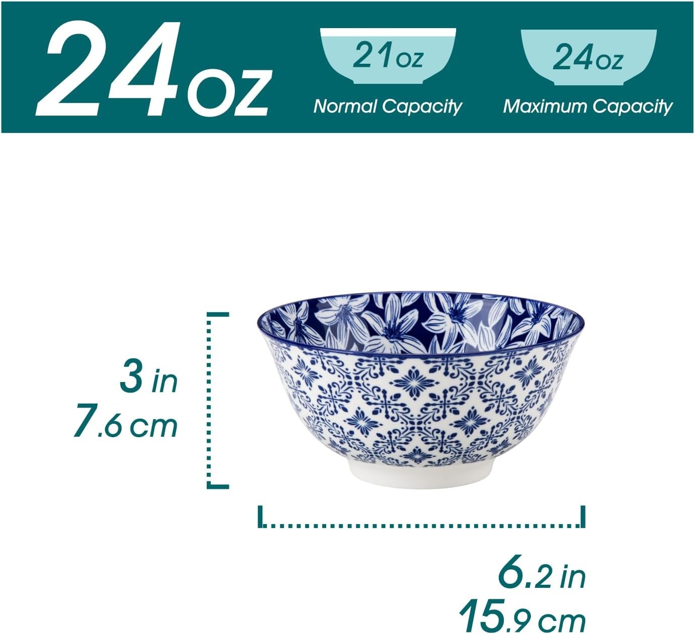 Set of 6 Vintage Blue White Ceramic Bowls 24oz Salad Cereal Pasta