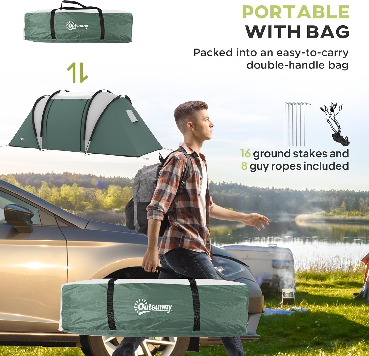 4-5 Person Family Tunnel Tent 3000mm Waterproof 2 Bedroom