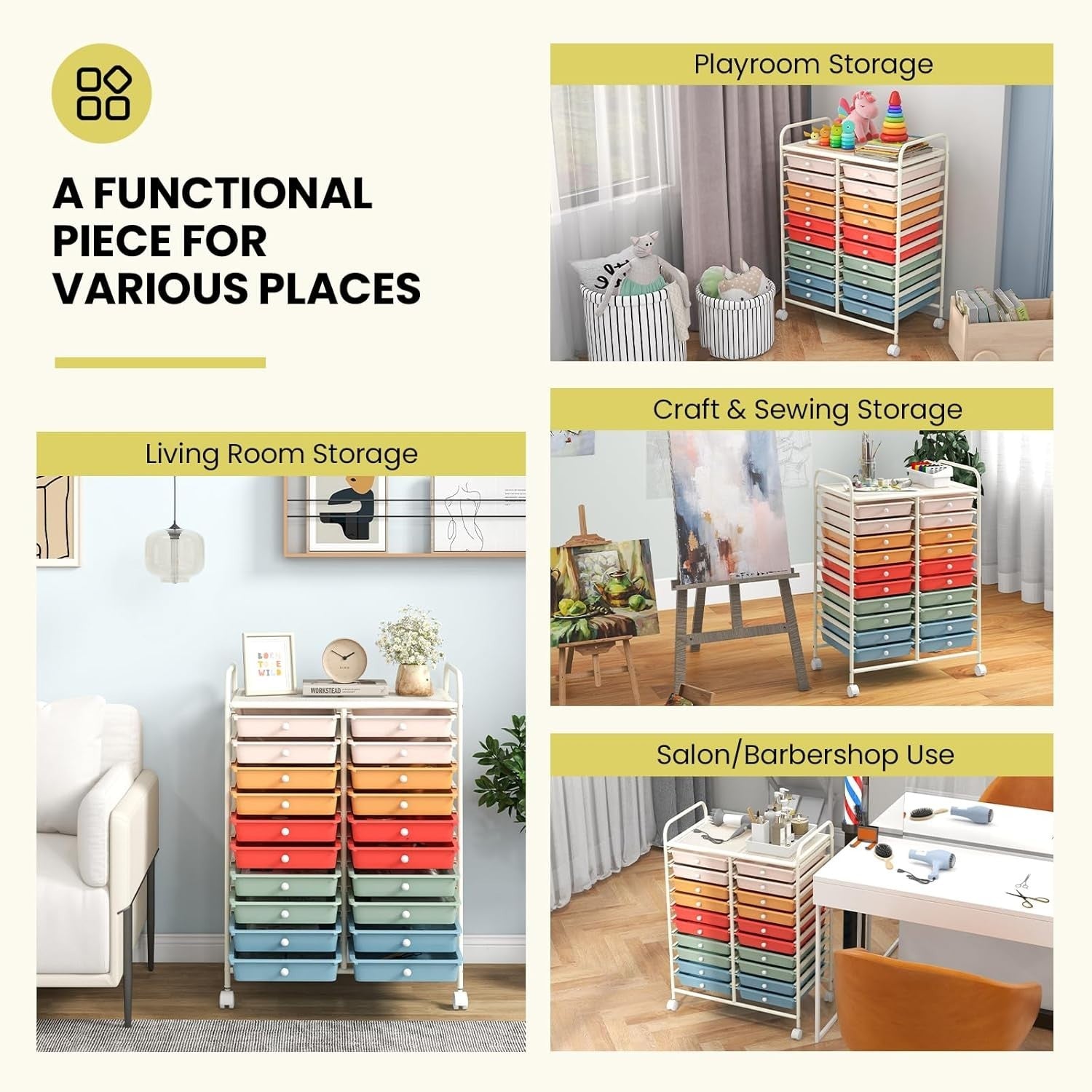 20 Drawer Rolling Storage Cart Mobile Organizer Trolley Lockable Wheels