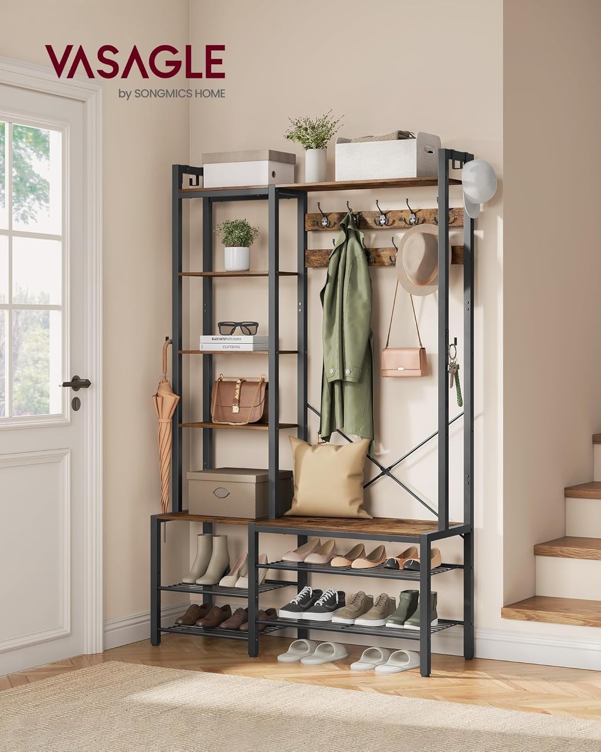 Entryway Hall Tree with Shoe Bench & Storage Hooks | 120x40x190cm