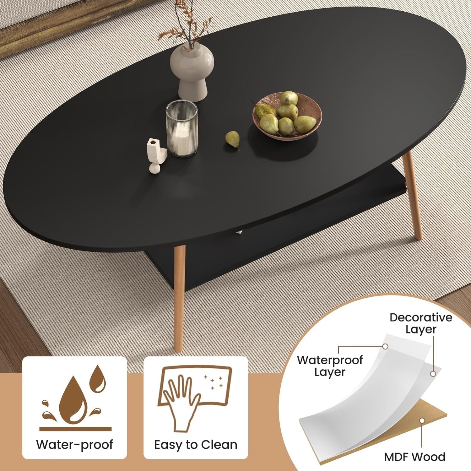 Black 2-Tier Oval Coffee Table 120x60x42cm Modern Storage Wood Frame