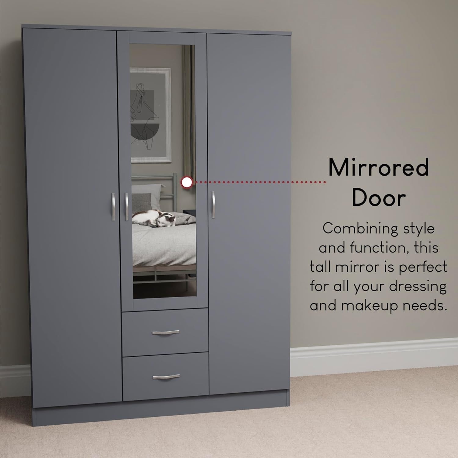Grey 3 Door Mirrored Wardrobe with Hanging Rail & Drawers, Bedroom Storage