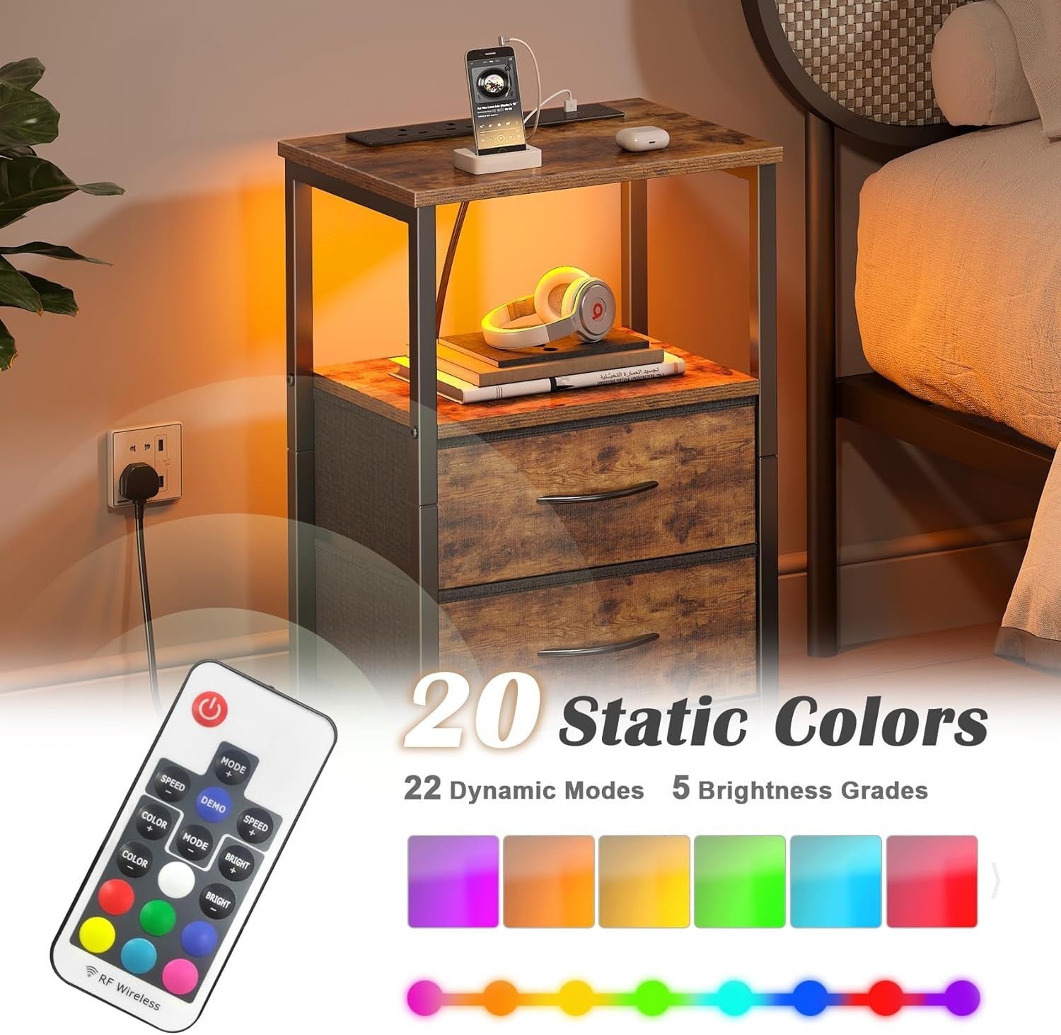 Set of 2 Rustic Industrial Bedside Tables with LED Lights & USB Charging Ports