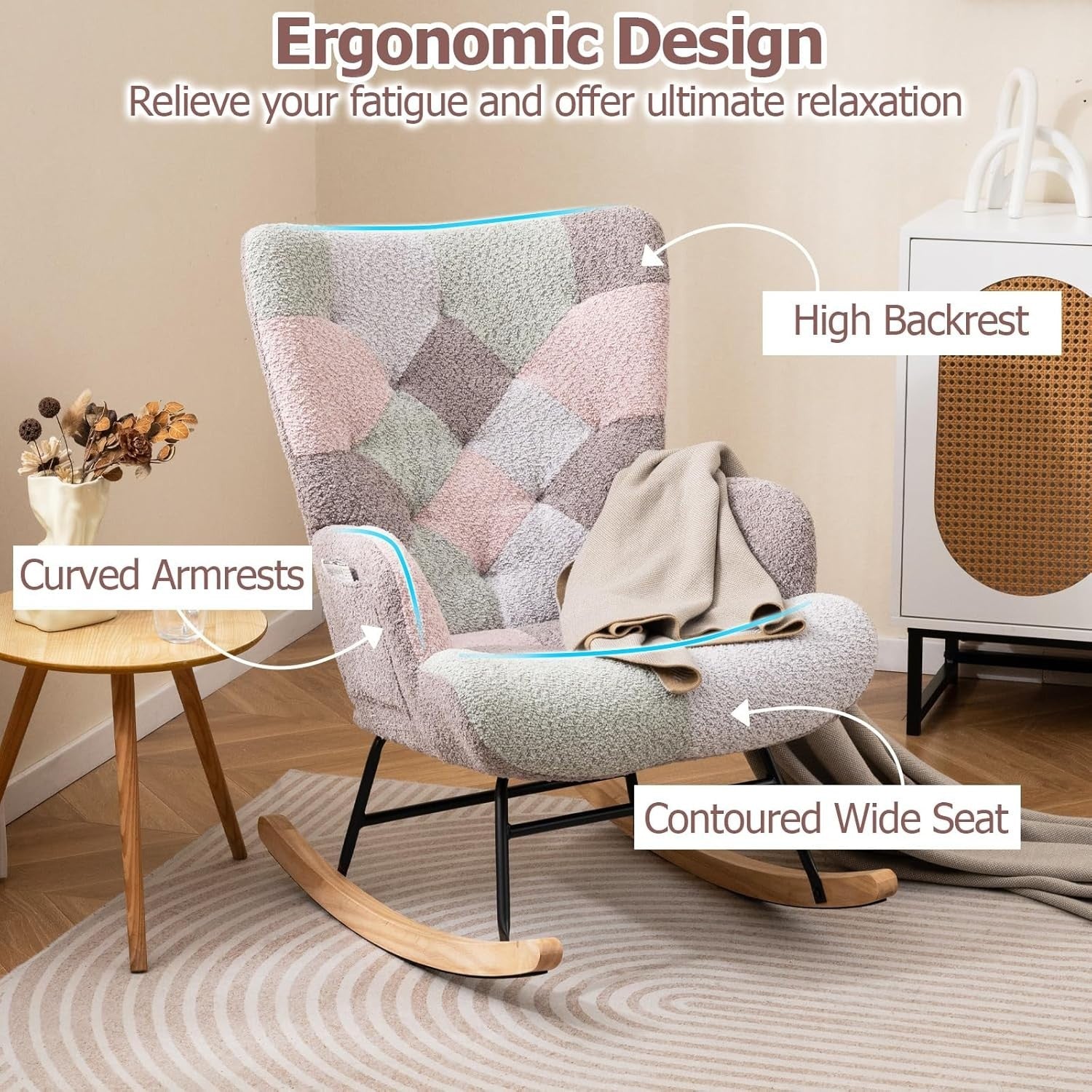 Tufted Rocking Armchair Boucle Fabric Wingback Chair for Nursery, Lounge