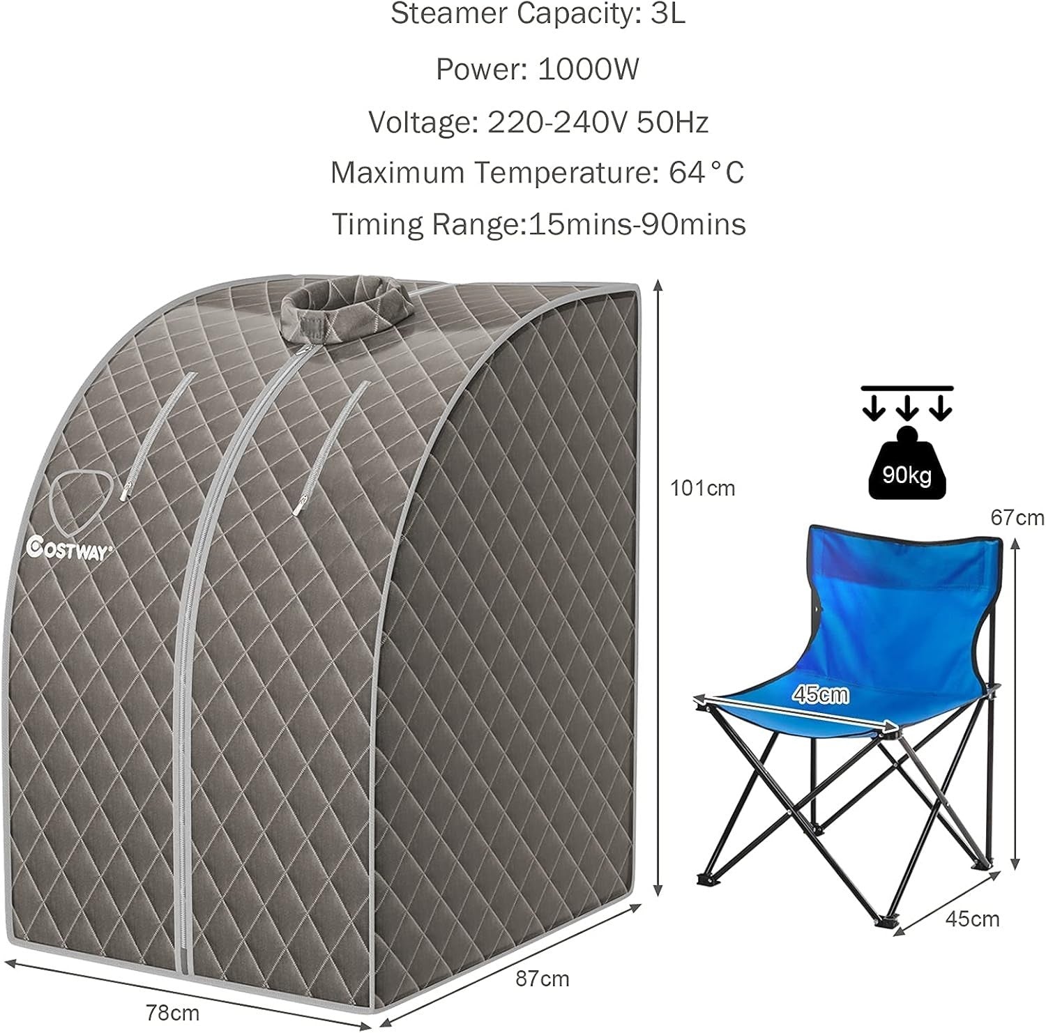 Portable Home Steam Sauna Tent – 3L 1000W, 9 Heat Levels + Chair (Grey)