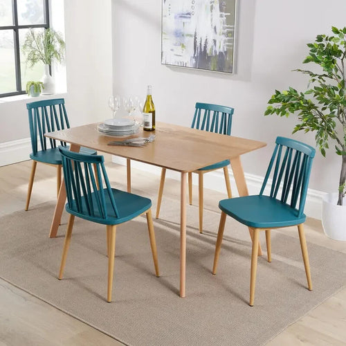 4 Seater Dining Table Set Beech Legs Oak Veneer Top & Teal Pattern Chairs