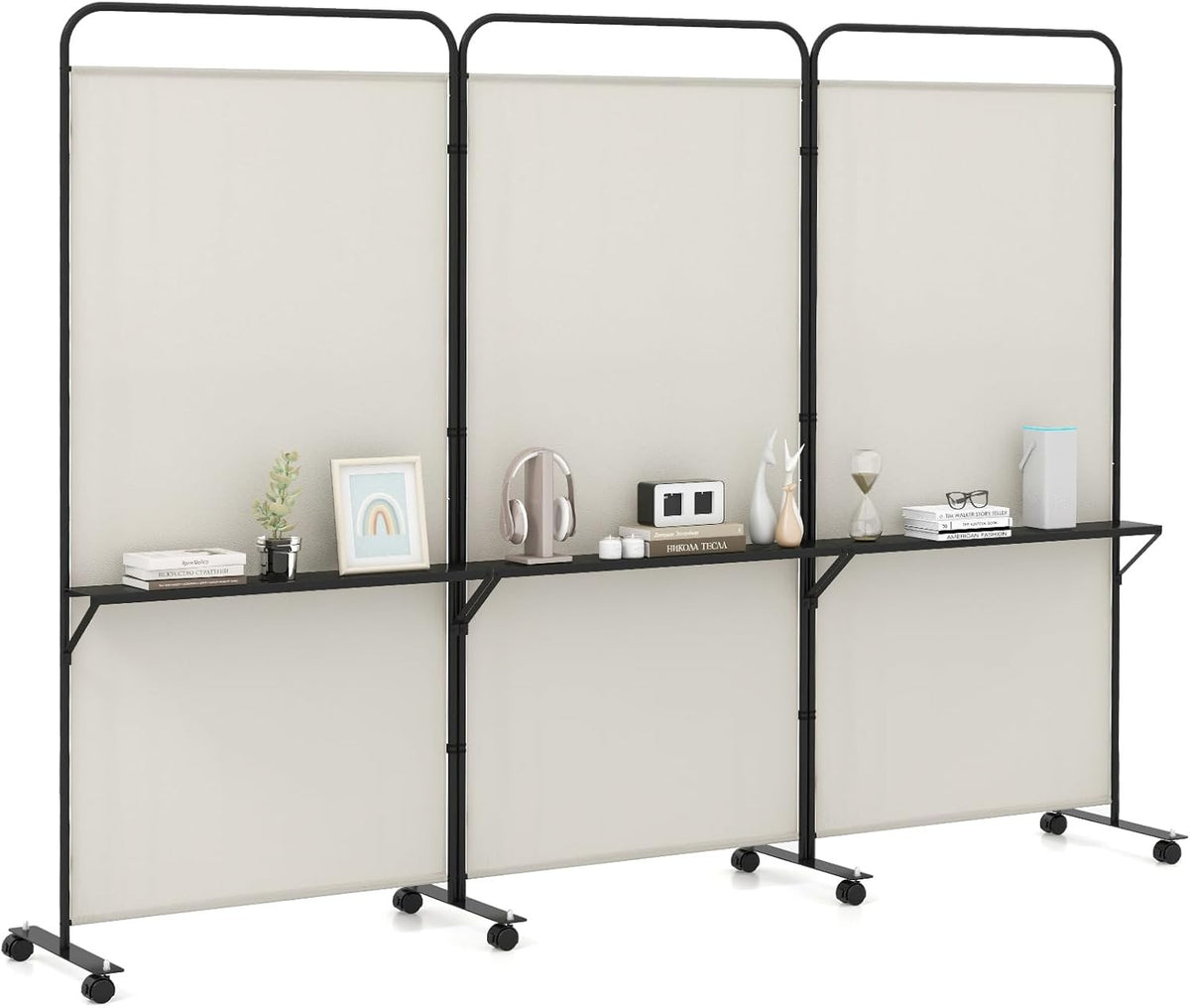 3 Panel White Folding Room Divider with Shelves & Wheels Privacy Screen 188cm