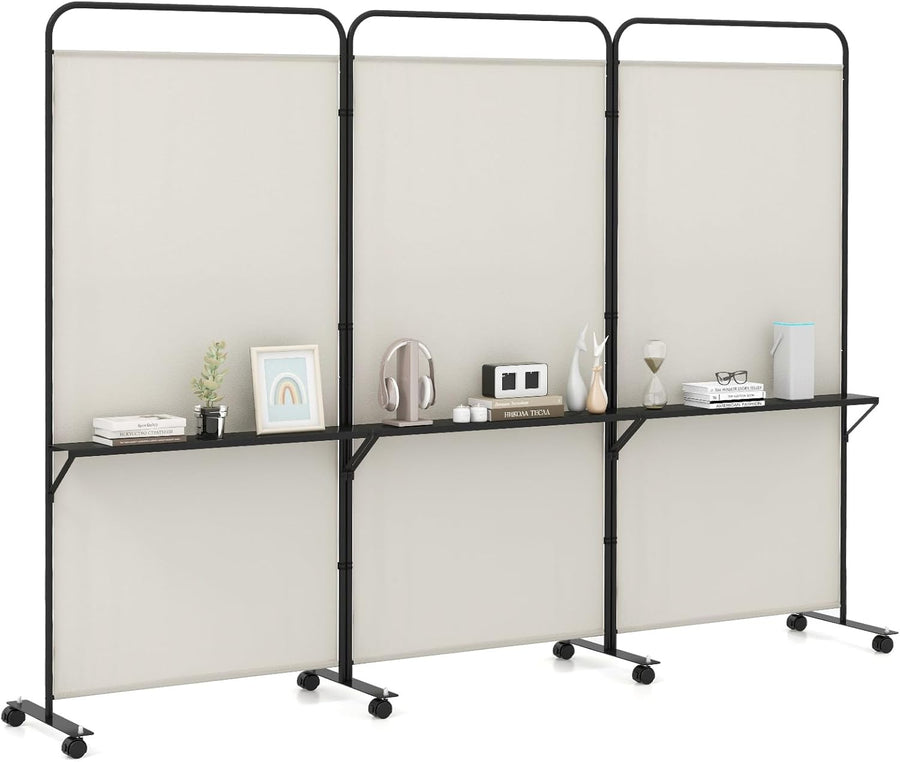3 Panel White Folding Room Divider with Shelves & Wheels Privacy Screen 188cm