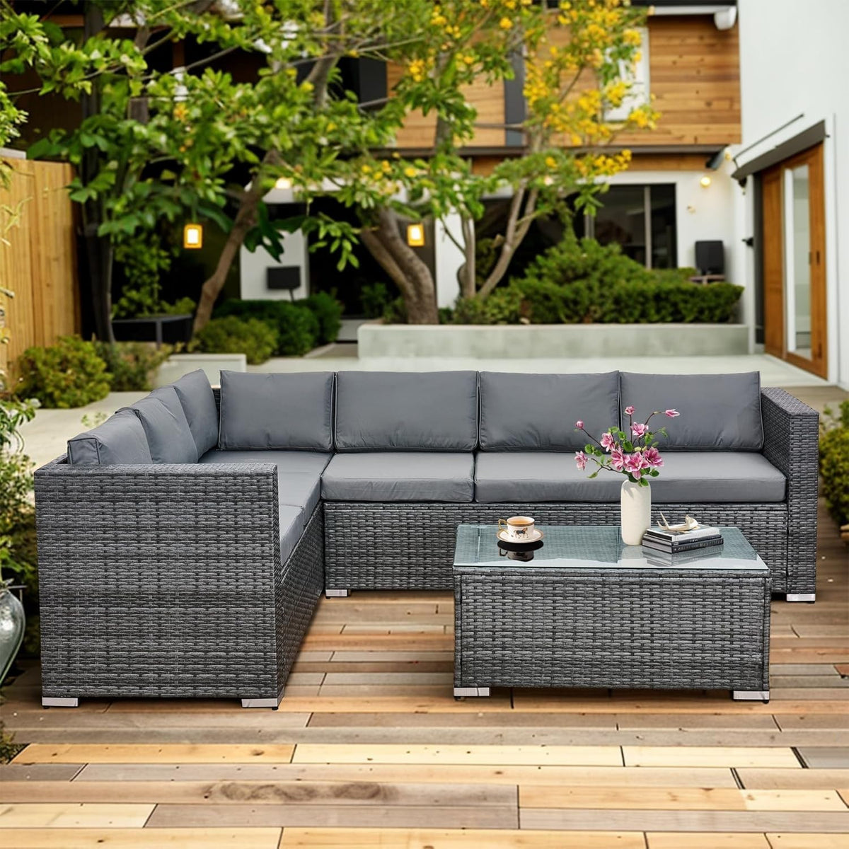 6 Seater Rattan Corner Sofa Set Patio Garden Furniture with Glass Coffee Table
