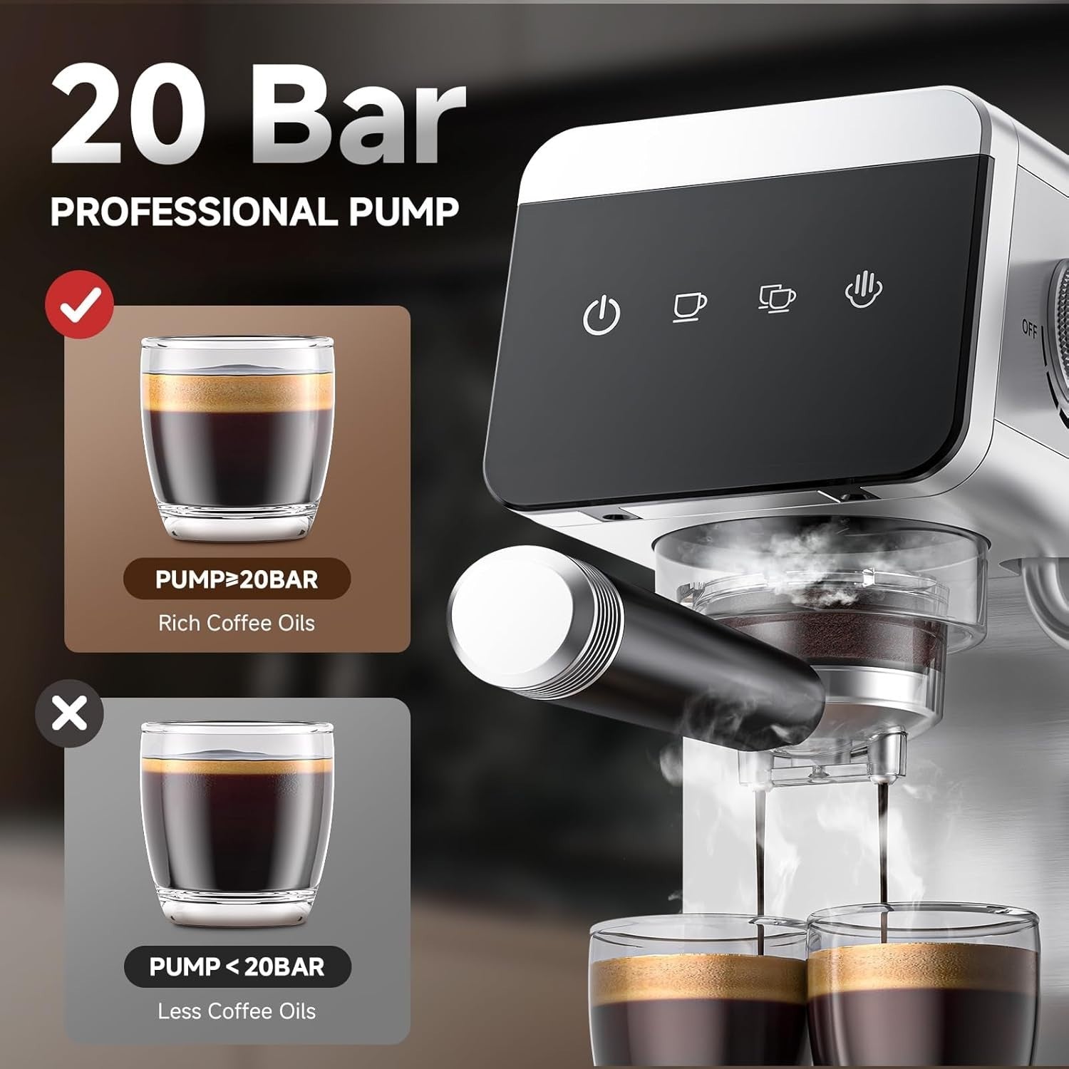 20 Bar Espresso Machine 1350W | LED Touch Control | Milk Frother | Compact Steel