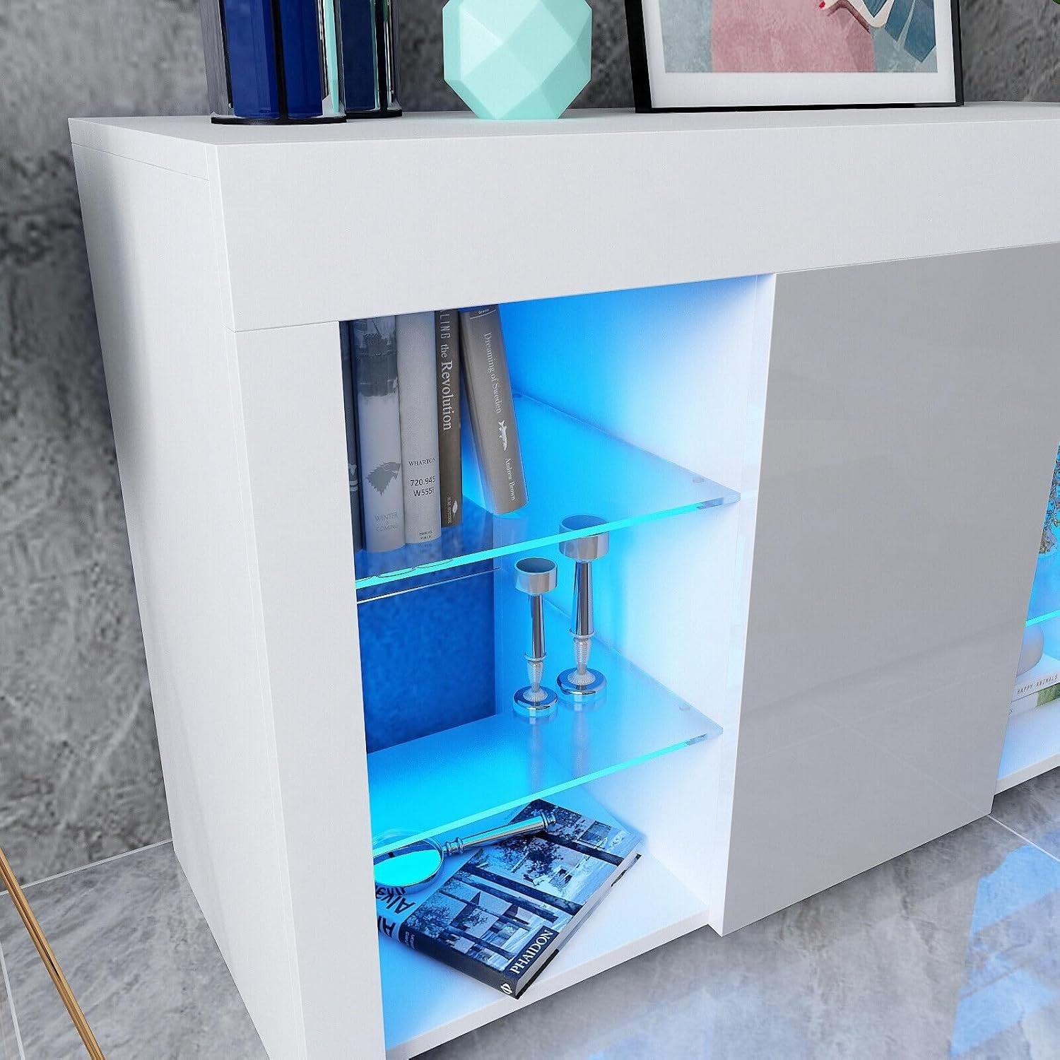 White Gloss Sideboard with Grey Glass Doors & LED Lights | Modern Storage Unit