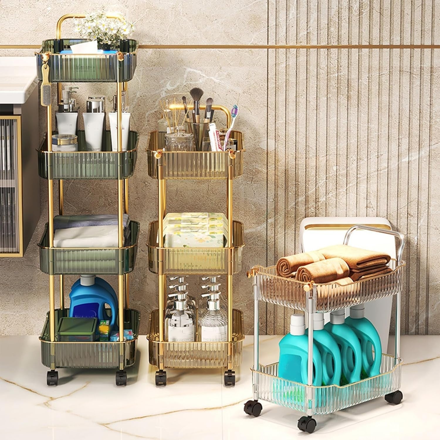 3 Tier Rolling Storage Trolley Acrylic Utility Cart Lockable Wheels Gold