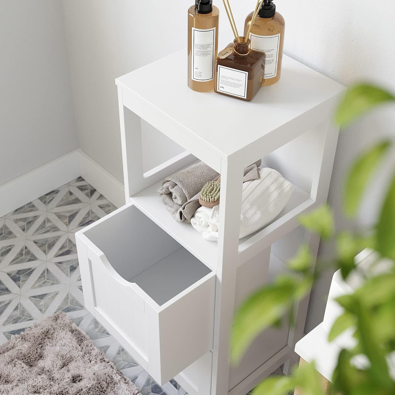 Tall White Bathroom Storage Cabinet – 2 Drawers + Open Shelf Modern Slim Unit