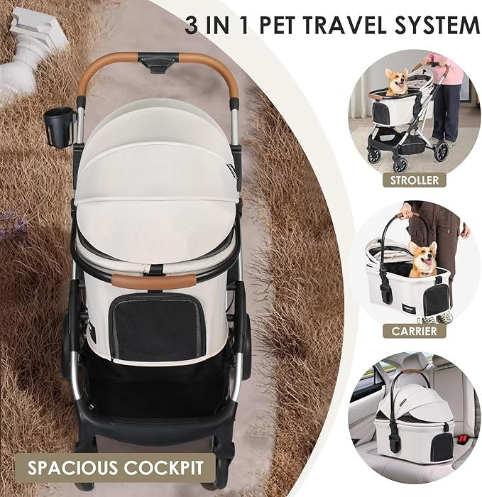 Luxury Pet Stroller 3 in 1 Folding Dog Pram with Detachable Carrier Beige