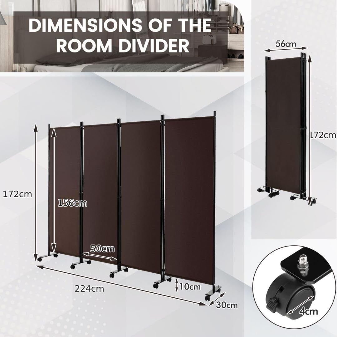 4 Panel Espresso Folding Room Divider Privacy Screen on Wheels for Home Office