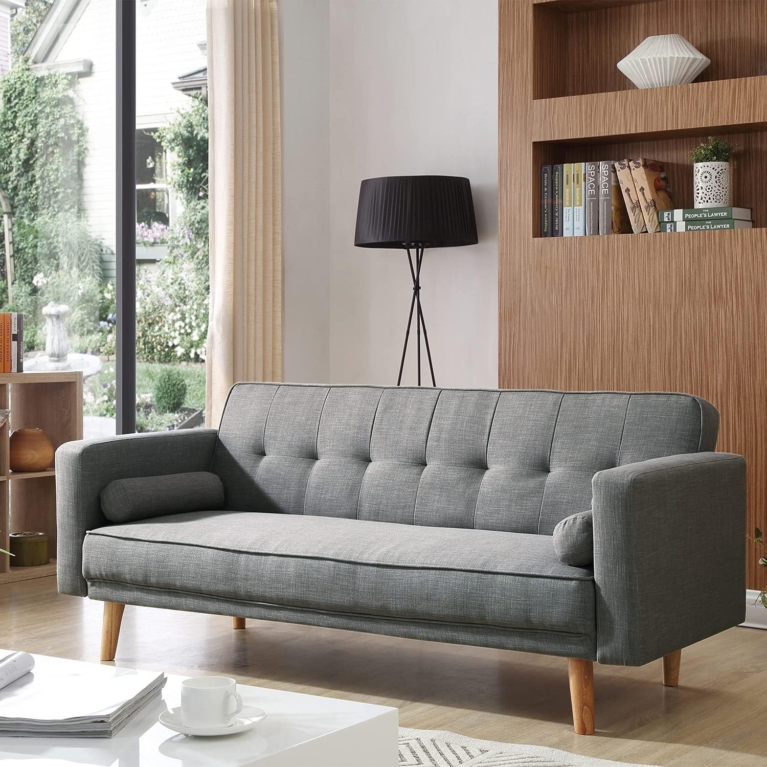 Grey 3 Seater Sofa Bed Linen Fabric Click Clack Couch for Guest Rooms