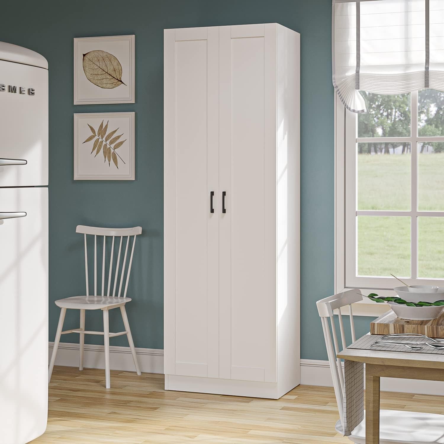 Tall Freestanding Kitchen Storage Cabinet with 2 Doors & Adjustable Shelves