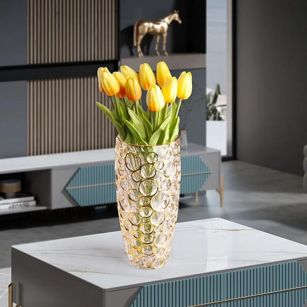 Large Crystal Glass Flower Vase 11.8in Hand Painted Gold Modern Home Décor