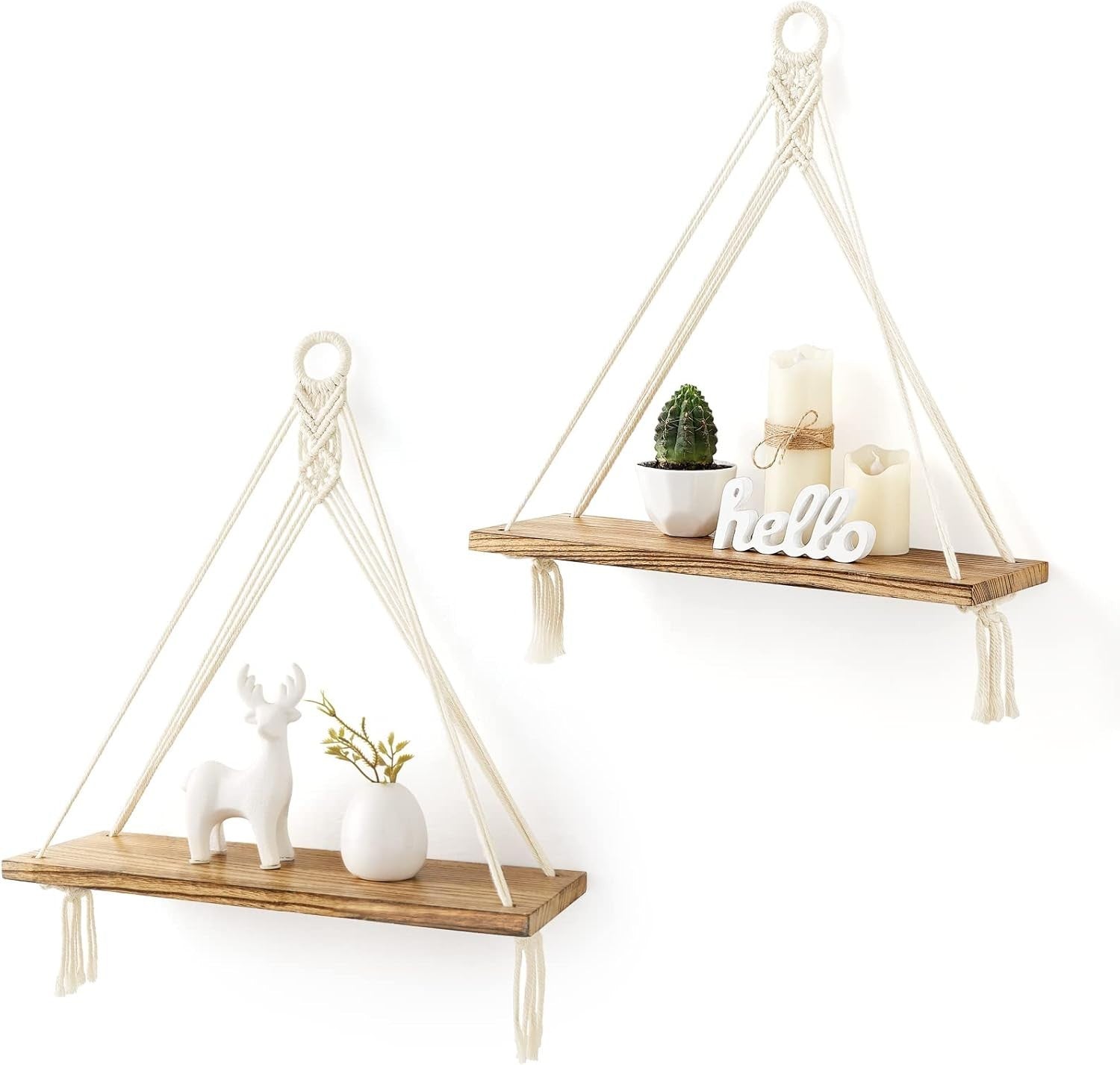 Boho Macrame Hanging Shelves Set of 2 Wood Floating Wall Decor