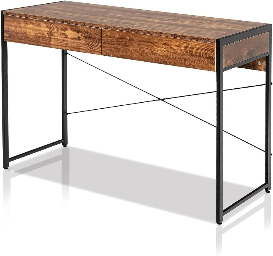 Rustic Brown Industrial Computer Desk with Drawers & Metal Frame
