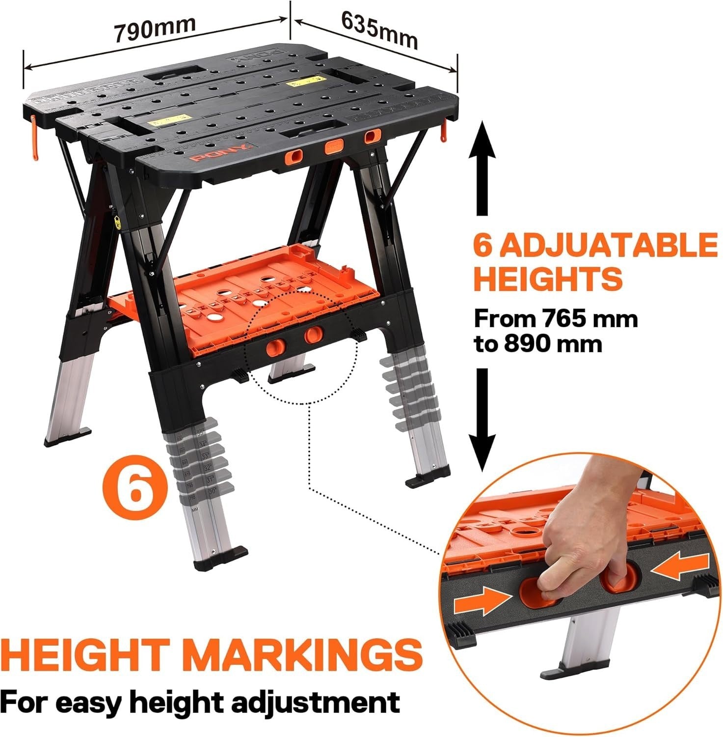 2-in-1 Folding Workbench & Sawhorse 454kg Load 6-Height Table with Clamps