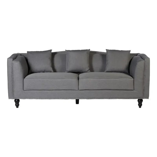 Modern Grey 3 Seater Fabric Sofa with Stud Detail & Wood Legs 300kg Max